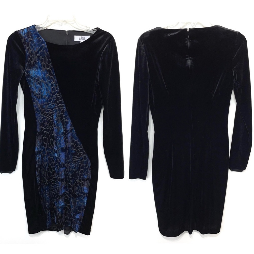 Velvet Dress By Belle Badgley Mischka Textured Long Sleeve Blue and Black Dress